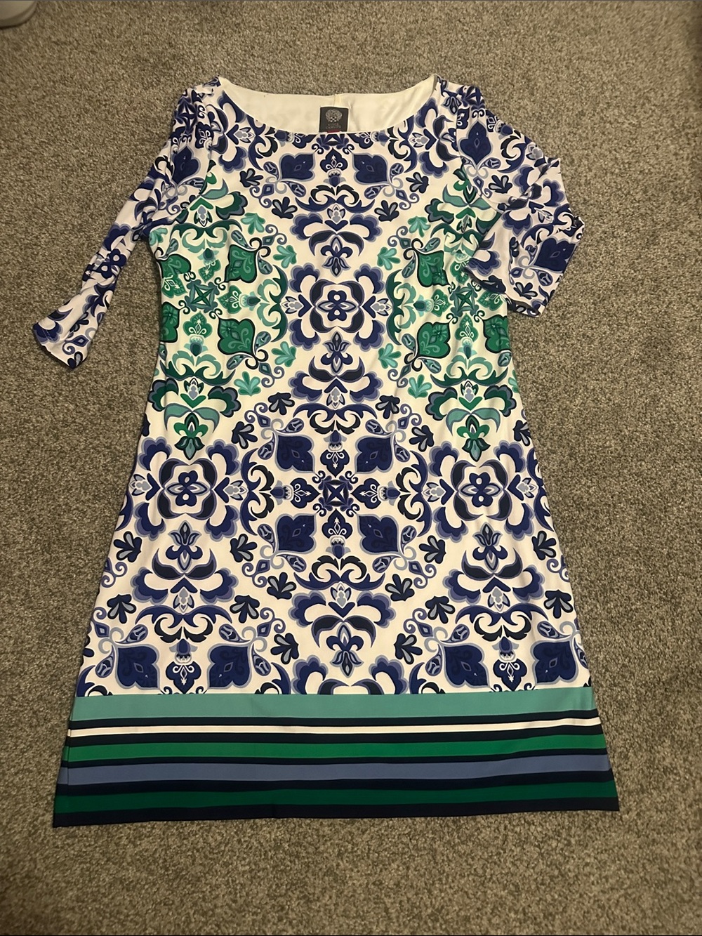 Vince Camuto Navy & Teal Floral Tile Print Midi Dress